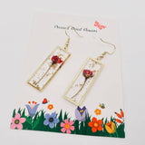 Rectangular Genuine Rose Dried Flowers Dangle Earrings
