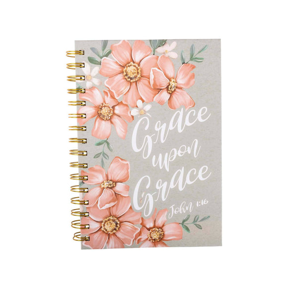 Spiral-Bound Journal: Sage & Peach Flowers (John 1:16)