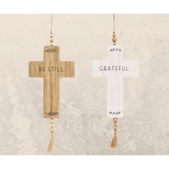 Cross Wood Ornament with Beads & Tassel