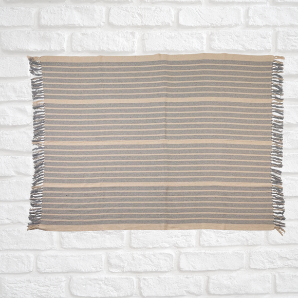 Blue & Natural Stripes with Fringe Sofa Throw