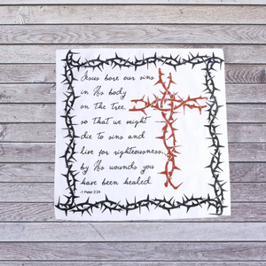 Prayer Cloth Cross, "Thorns, 1 Peter 2:24" - 17"x17"